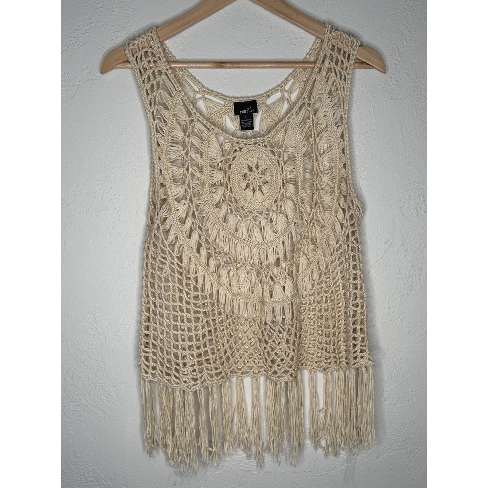 Crochet Fringe Vest Boho Festival‎ Tank Cream Indie 70's Cochella Hippie Western